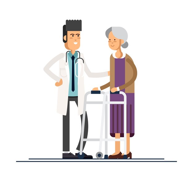 Vector el médico ayuda a su abuela a ir al andador. cuidando a los ancianos
