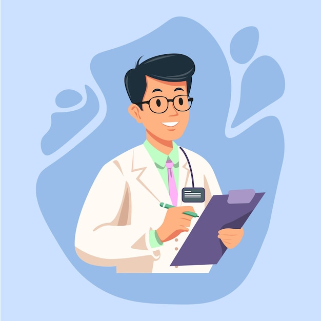 un médico en una bata de laboratorio está sosteniendo un clipboard