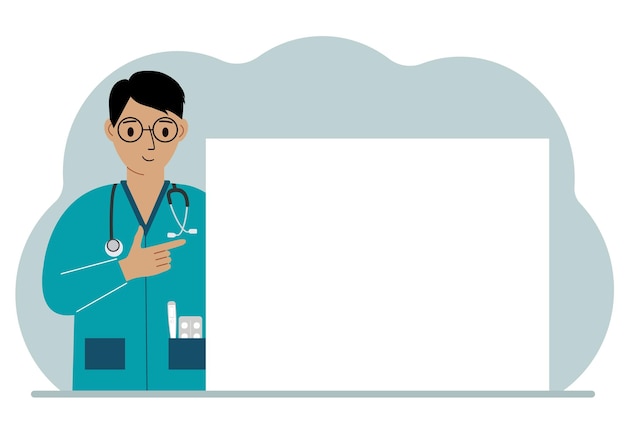 Un médico con una bata de laboratorio sostiene un papel grande. El médico señala un papel en blanco para escribir su mensaje o consejo personal.