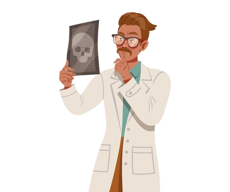 Vector médico con bigote con abrigo blanco mirando una ilustración vectorial de escaneo de cabeza