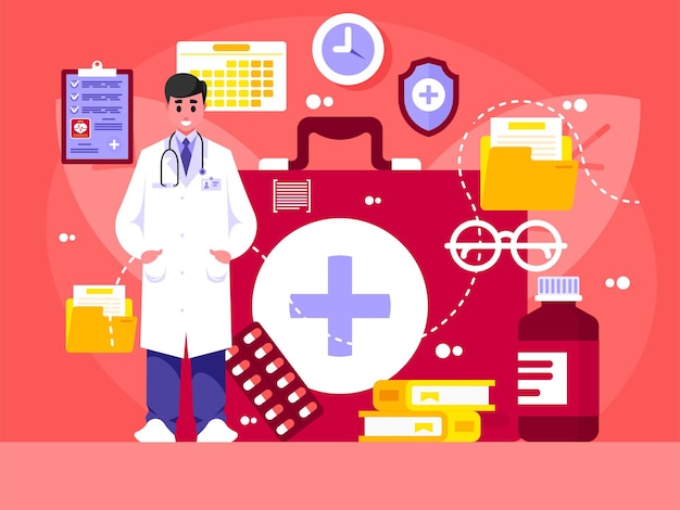 Médico con botiquín de primeros auxilios Especialista médico con bata blanca de pie con un estetoscopio