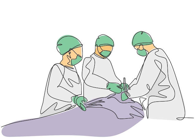 Médico cirujano del equipo de dibujo de una sola línea continua que realiza cirugía al vector del paciente crítico