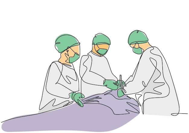 Vector médico cirujano del equipo de dibujo de una sola línea continua que realiza cirugía al vector del paciente crítico