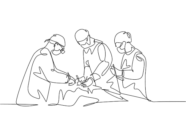 Médico cirujano del equipo de dibujo de una sola línea continua que realiza una operación quirúrgica al vector del paciente