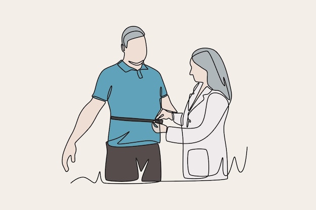 El médico de color mide el ancho del cuerpo del padre