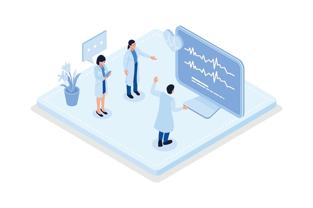 El médico comprueba la presión arterial y examina el cardiograma y el pulso en el monitor EKG, vector isométrico