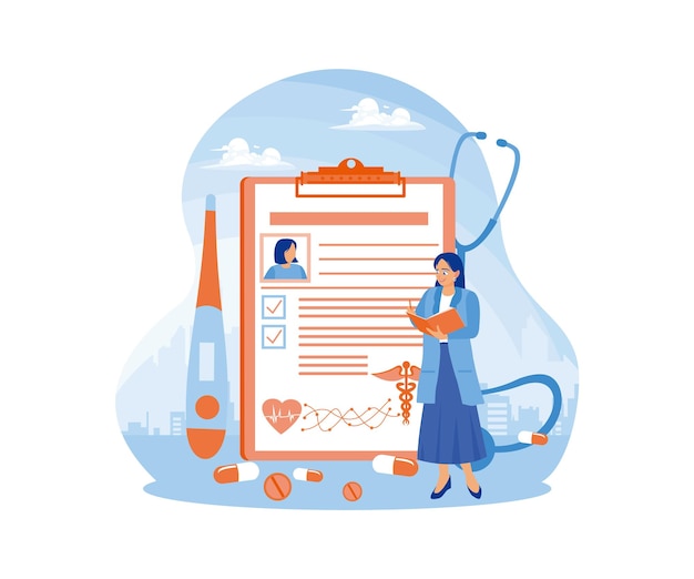 El médico comprueba los registros de salud de los pacientes Sistema de salud para la recopilación de datos e información Concepto de registros de salud Ilustración vectorial plana