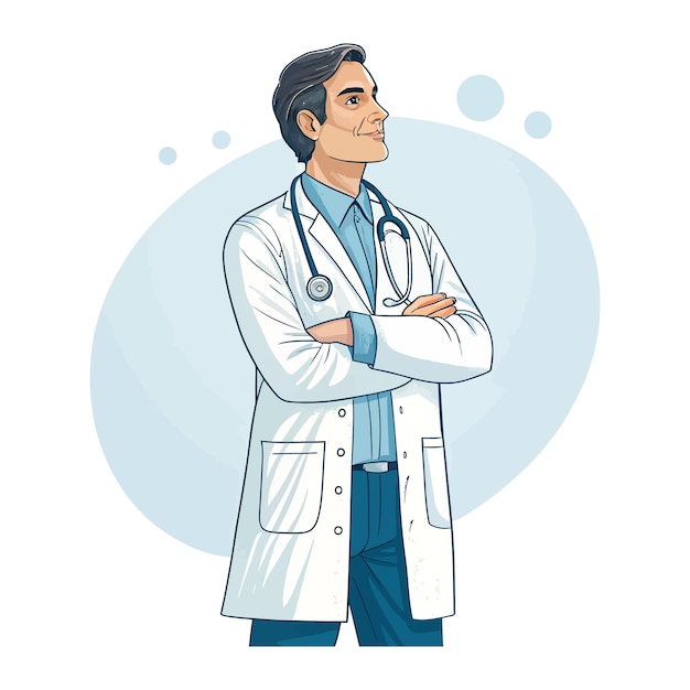 Un médico confiado vestido con un clásico abrigo blanco y una camisa azul está de pie con los brazos cruzados