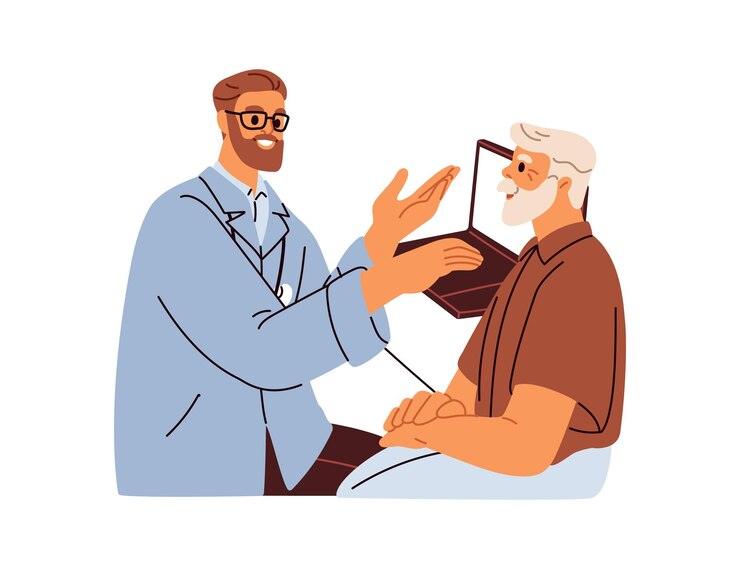 Vector médico consultando a un anciano paciente anciano persona mayor durante la cita médica discutiendo la salud con el médico en la clínica cuidado geriátrico ilustración vectorial plana aislada sobre fondo blanco