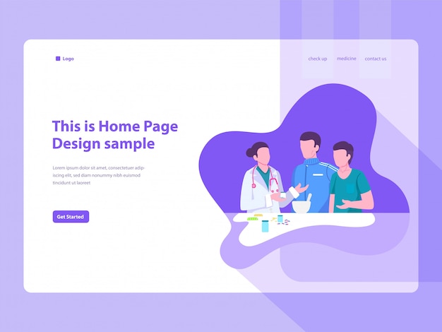 Médico le da un medicamento a los pacientes concepto ilustración plana para la página de inicio del sitio web