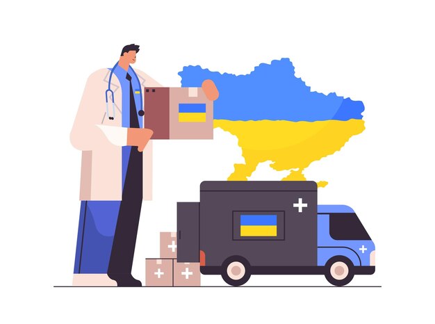 médico dando caja de ayuda con suministros médicos a refugiados ayuda humanitaria material asistencia concepto de ayuda gubernamental salvar a Ucrania de rusia detener la guerra ilustración vectorial horizontal