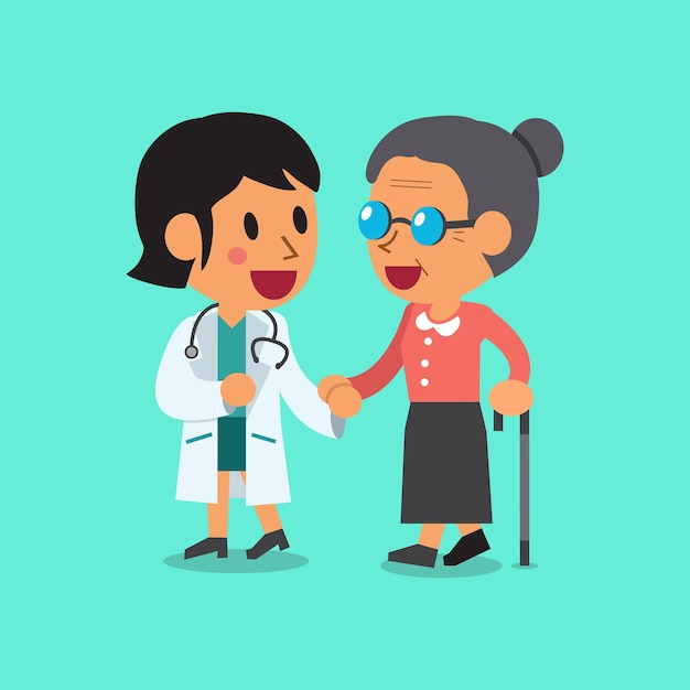 Médico de dibujos animados ayudando a anciana a caminar