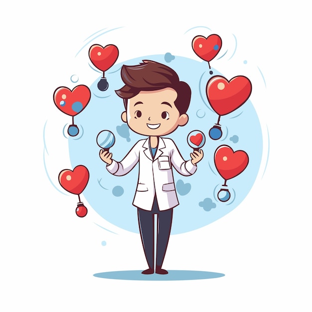 Médico de dibujos animados con una lupa y globos en forma de corazón ilustración vectorial