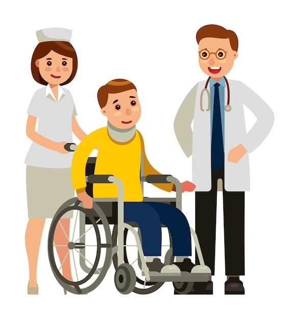 médico enfermera y paciente en silla de ruedas