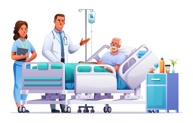 El médico y la enfermera visitan a un anciano tendido en una cama de hospital Concepto médico de atención médica Caricatura vectorial