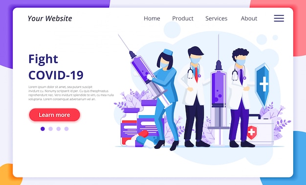 El médico y las enfermeras usan jeringas y escudos para combatir el coronavirus Covid-19. plantilla de diseño de página de destino del sitio web