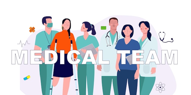 médico y equipo médico junto con el paciente de pie juntos ilustración gráfica vectorial