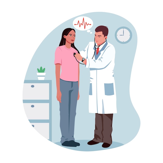 Un médico está examinando el corazón de una mujer. El médico lleva un abrigo blanco y una corbata roja. La mujer lleva una camisa rosada. El médico usa un estetoscopio para escuchar el latido del corazón de la mujer. Ilustración vectorial