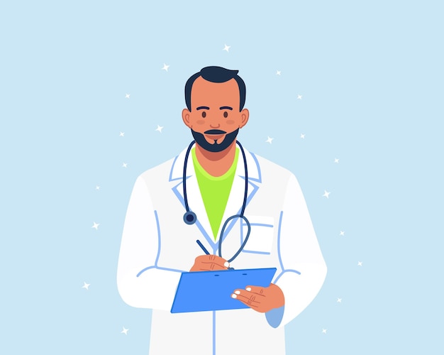 Médico con estetoscopio y carpeta para historias de pacientes en sus manos. Médico en bata blanca. Médico o pediatra, terapeuta o cardiólogo