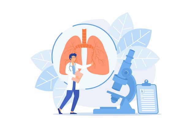 El médico examina la enfermedad pulmonar enorme y el microscopio Enfermedad pulmonar obstructiva bronquitis crónica