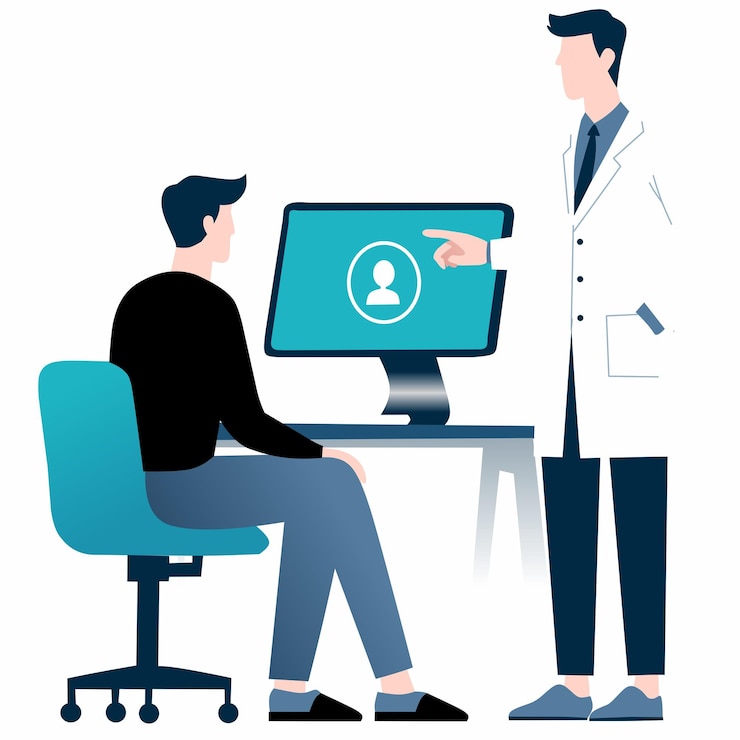 Vector un médico explica información a un paciente usando una computadora
