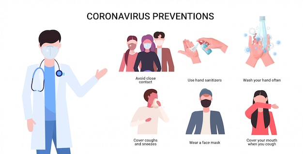 Médico explicando las medidas de protección básicas para la prevención del coronavirus protéjase de 2019-ncov