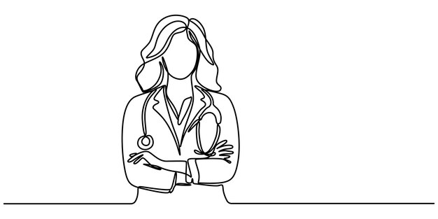 médico femenino con los brazos cruzados dibujo continuo de una línea línea continua única dibujando una mujer