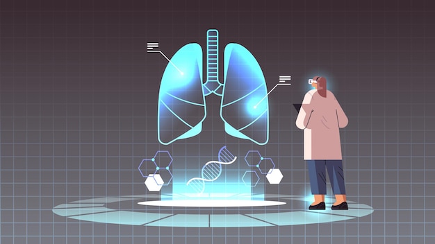 médico en gafas digitales mirando una explicación virtual detallada pulmones anatómicos órgano interno vr visión metaverso concepto vector horizontal ilustración