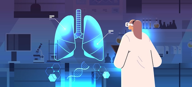 médico en gafas digitales mirando una explicación virtual detallada pulmones anatómicos órgano interno vr visión metaverso concepto vector horizontal ilustración