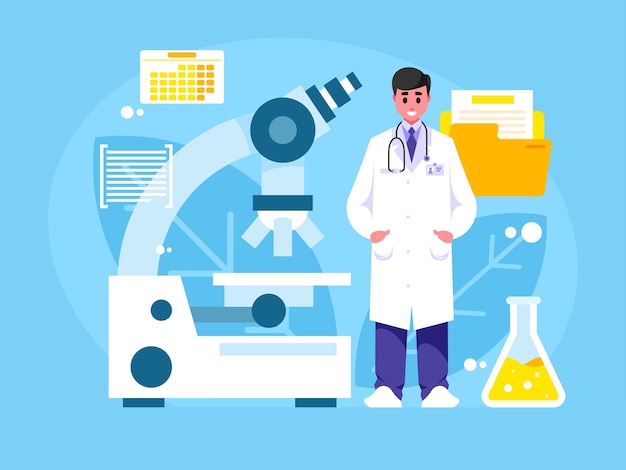 Médico con un gran microscopio Especialista médico con una bata blanca con un estetoscopio