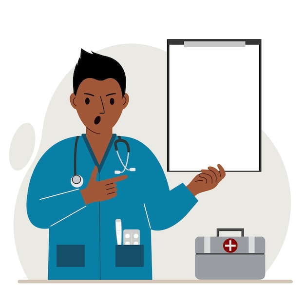 Médico gritando sosteniendo un archivo con papel en blanco para texto. Ilustración plana vectorial