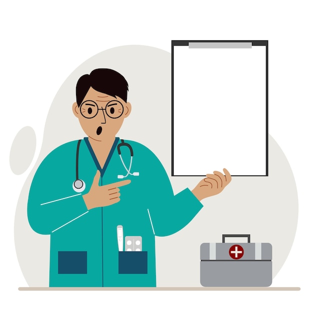 Médico gritando sosteniendo un archivo con papel en blanco para texto. Vector