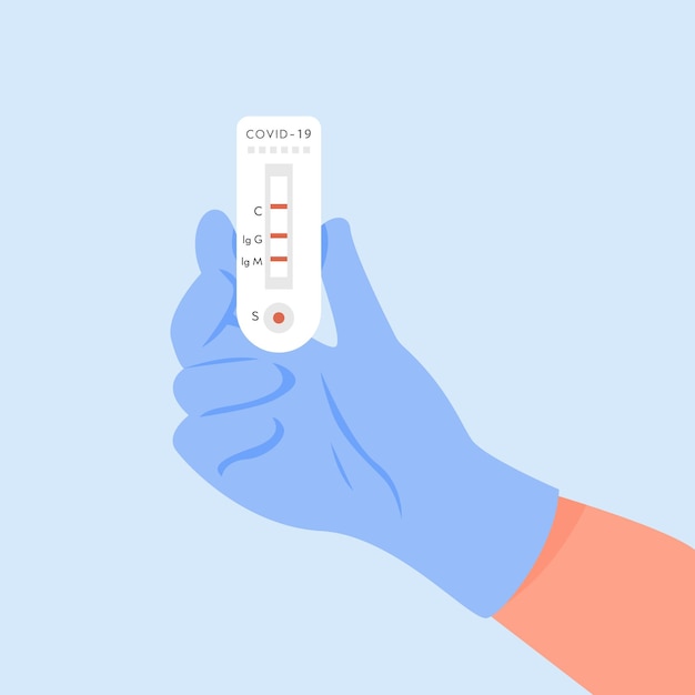un médico con guantes de látex con prueba rápida de antígeno covid-19 con vector de resultado positivo