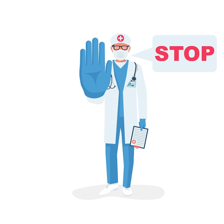 Vector el médico hace un gesto con la mano el gesto de detención el médico en un traje de máscara médica en la cara y guantes de protección