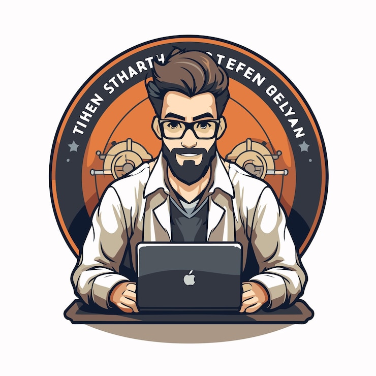 Médico hipster con una computadora portátil en las manos Ilustración vectorial