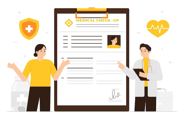 Médico de ilustración vectorial que muestra el formulario de chequeo médico al paciente