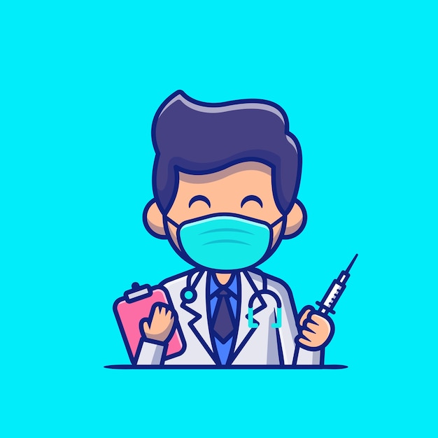 Médico con inyección y portapapeles icono de dibujos animados ilustración. Concepto de icono de profesión de personas aislado. Estilo de dibujos animados plana