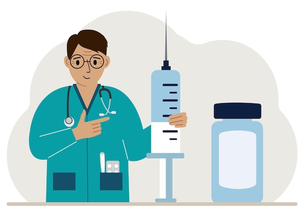 Médico con una jeringa y una ampolla grandes