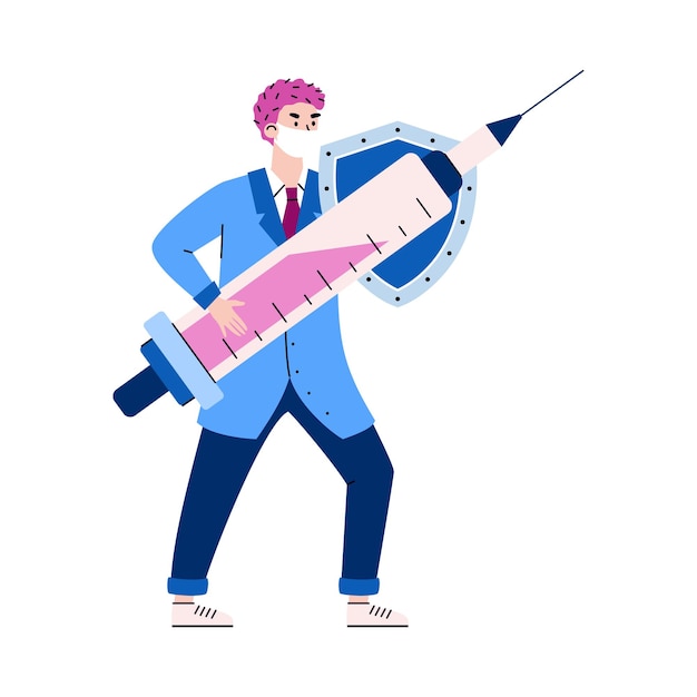 Médico con jeringa de inyección y escudo ilustración vectorial de dibujos animados aislado