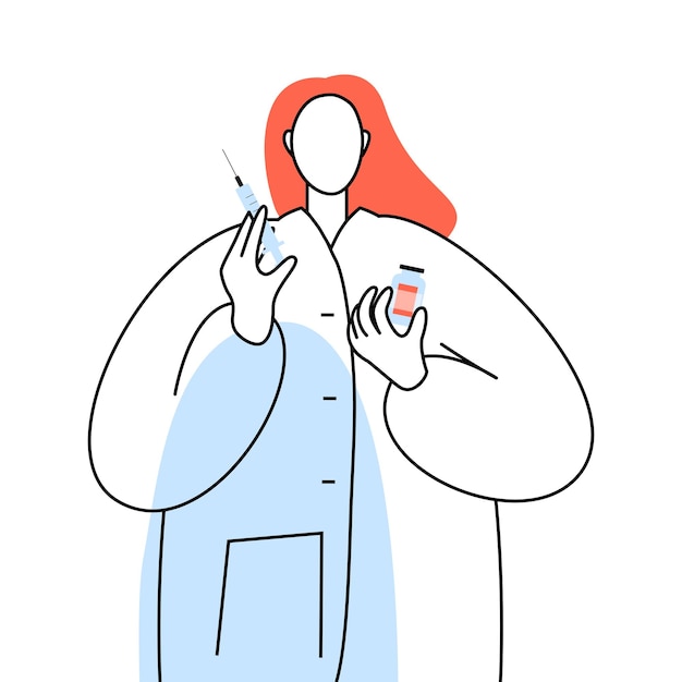 Médico con una jeringa en las manos dibujo de línea vectorial aislado en un fondo blanco