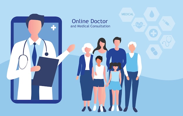 Médico en línea y concepto de consulta médica Paciente familiar que utiliza consulta en línea con el médico