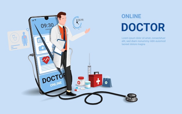 Médico en línea y consulta médica telemedicina en línea con terapeuta masculino en el teléfono móvil Servicio de atención médica en línea Pregunte al médico vector 3D sobre fondo azul cielo