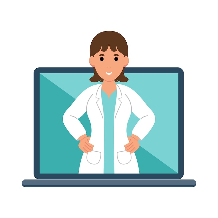 Vector médico en línea dando consejos y ayuda en la computadora portátil
