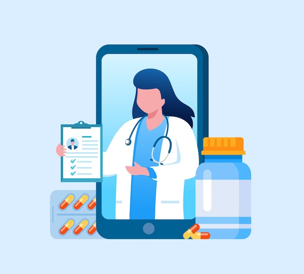 Médico en línea con ilustración de vector plano de registro médico para banner