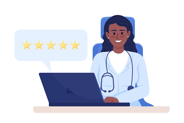 El médico en línea revisa el carácter vectorial de color semiplano