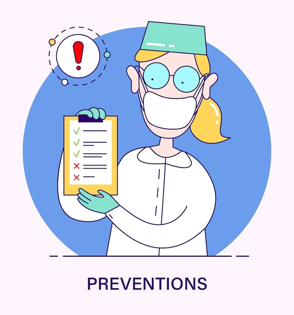 Médico con lista de información de prevención relacionada con las recomendaciones del coronavirus covid19