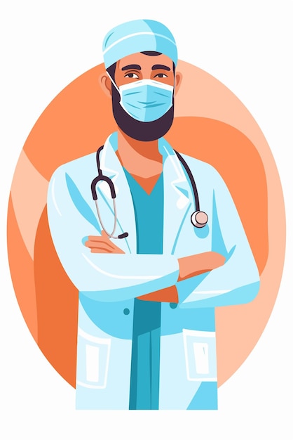Un médico con una máscara facial y un estetoscopio en la cara está de pie con los brazos cruzados.