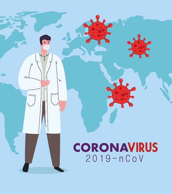 Médico con máscara médica contra coronavirus 2019 ncov con mapa mundial y partículas