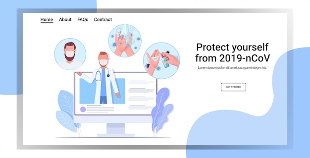 médico en máscara protectora dando medidas básicas de protección contra coronavirus consulta en línea