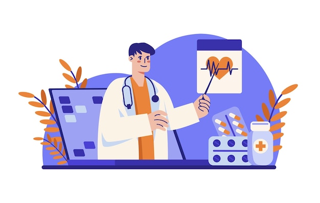Médico masculino con bata blanca apuntando al gráfico cardíaco y brindando ayuda médica en línea Medicina profesional en línea Servicios de atención médica modernos a través de videollamadas reunión Vector ilustración plana
